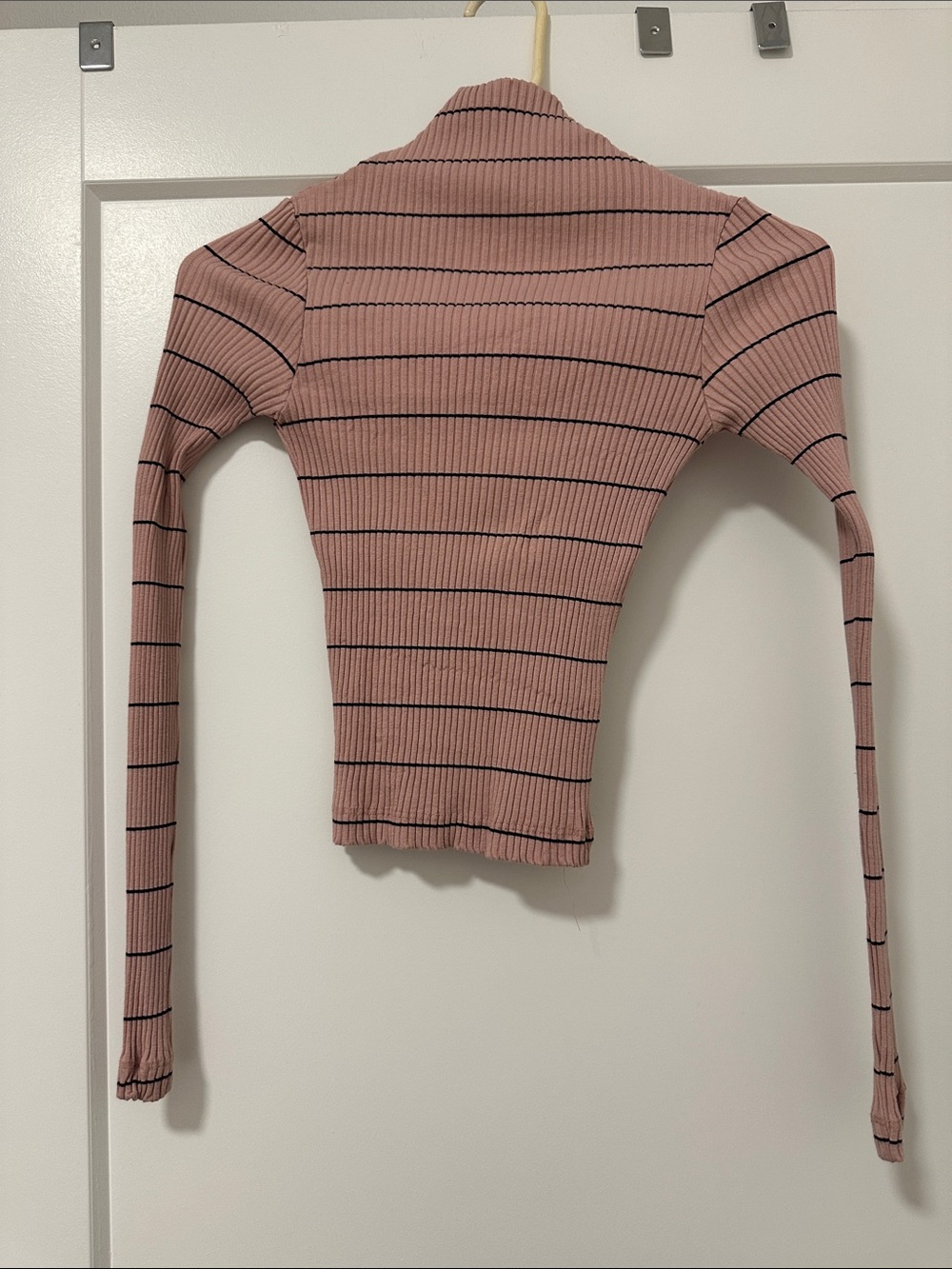 INTERMIX Dusty Pink Ribbed Long-Sleeve Crop Top with Black Stripes